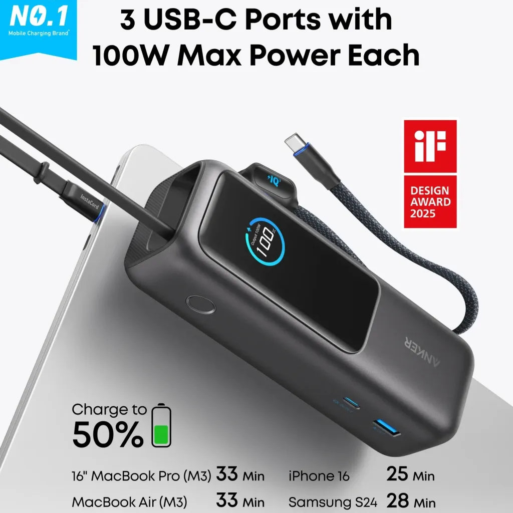 A1695 Power Bank 165W High Power Mobile Charger with Retractable Cable Fast Charging for Smartphones Tablets and Laptops.