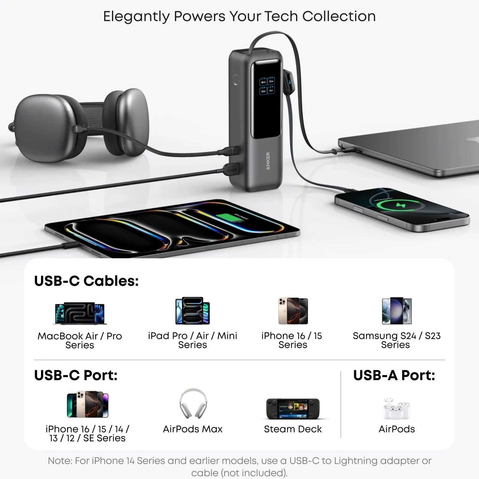 A1695 Power Bank 165W High Power Mobile Charger with Retractable Cable Fast Charging for Smartphones Tablets and Laptops.