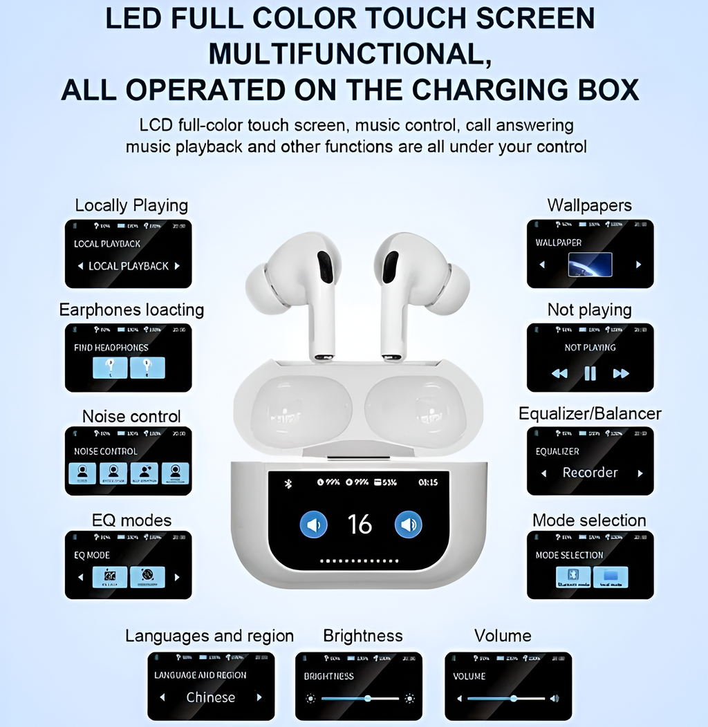 A10 Pro ANC Bluetooth Earphone LCD Screen Wireless Earbuds